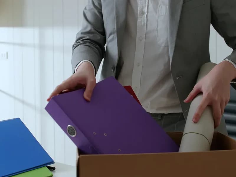 Muž v saku ukládá barevné šanony s dokumenty do papírové krabice na stole