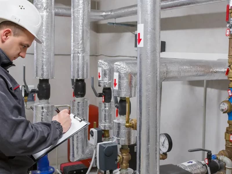 Revizní technik v přilbě zapisuje nález do protokolu v kotelně bytového domu