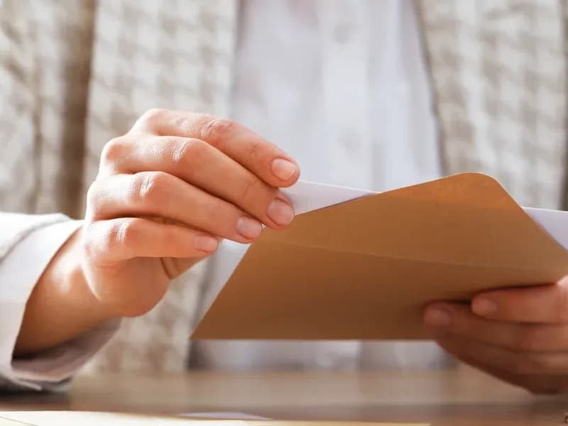 Ruce vytahují u stolu list papíru z otevřené hnědé obálky s doručeným dopisem